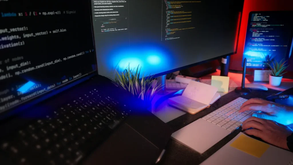 Hands type on a keyboard beside three code-filled screens in a workspace lit with blue and red light.