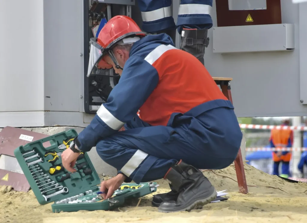 An electrical worker in a red helmet selects tools beside an open electrical cabinet.