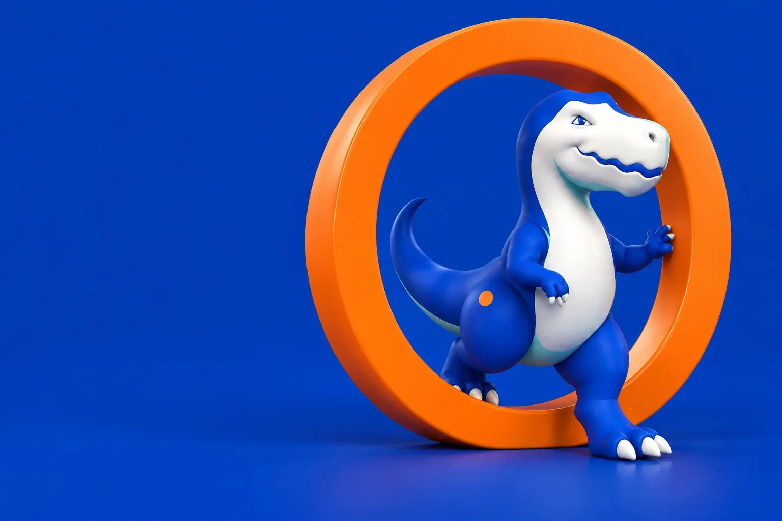 Rex, the Remi Creative mascot, stepping through an orange portal on a navy background